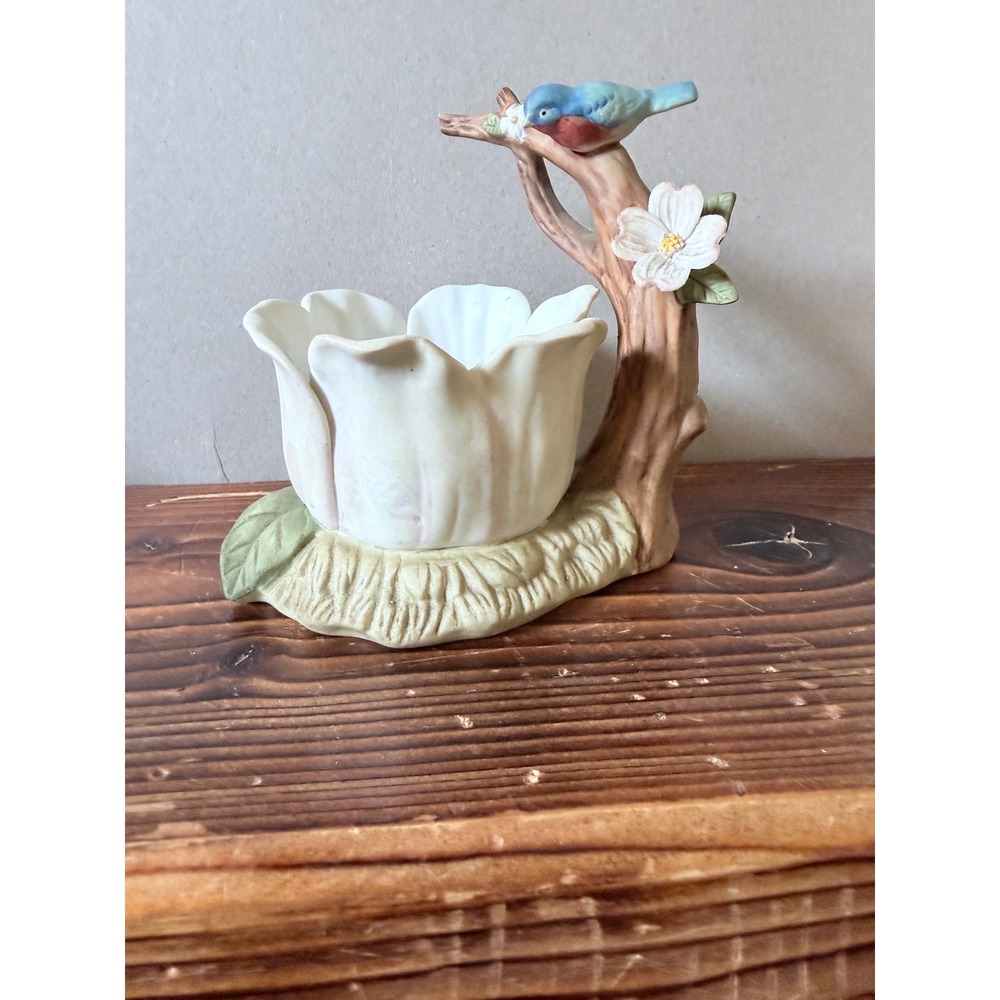 Lefton China Bluebird on Dogwood Branch White Tulip Figurine 06868 1988 Vintage